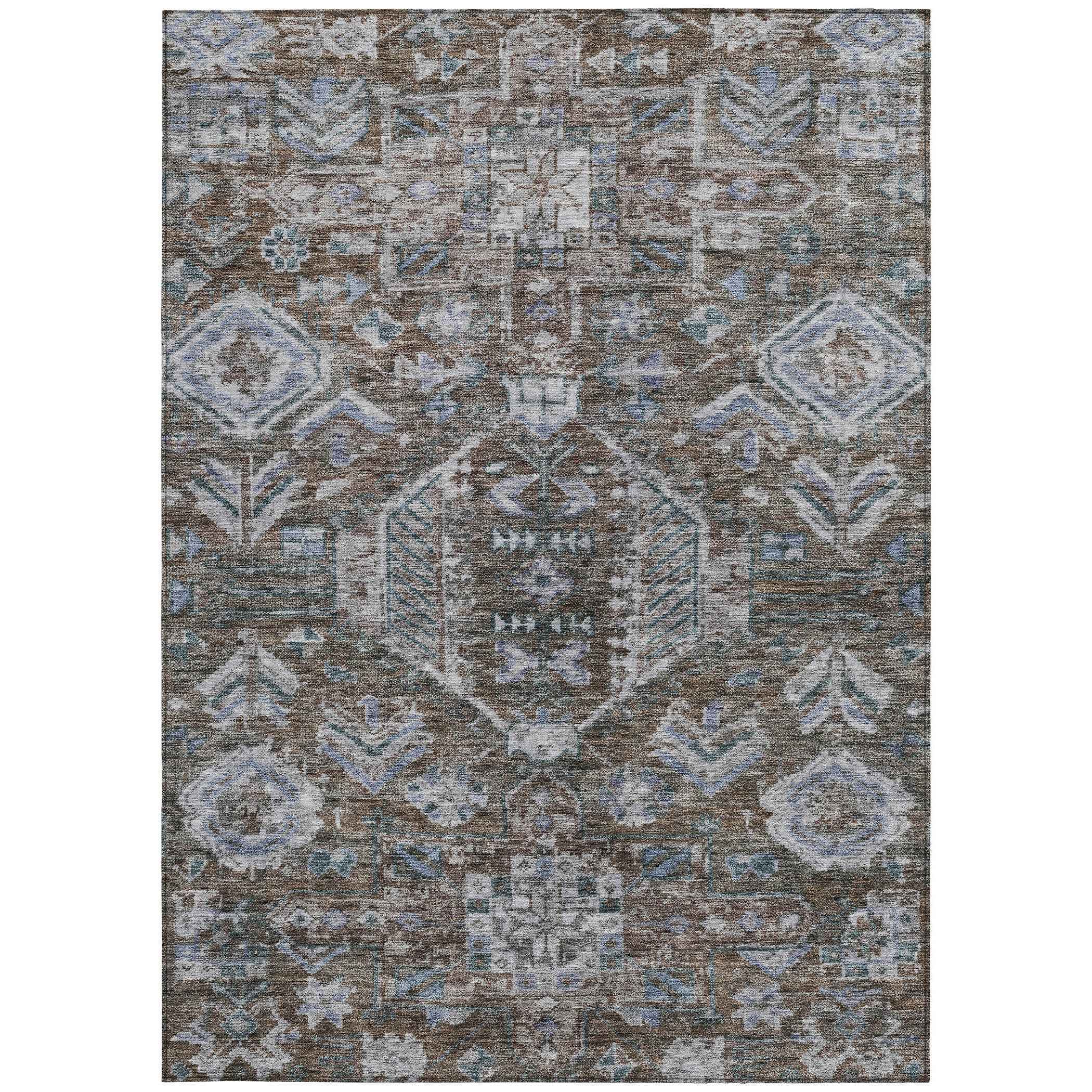 10' X 14' Chocolate And Denim Blue Medallion Washable Indoor Outdoor Area Rug