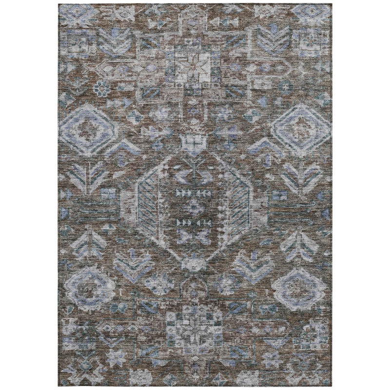 10' X 14' Chocolate And Denim Blue Medallion Washable Indoor Outdoor Area Rug