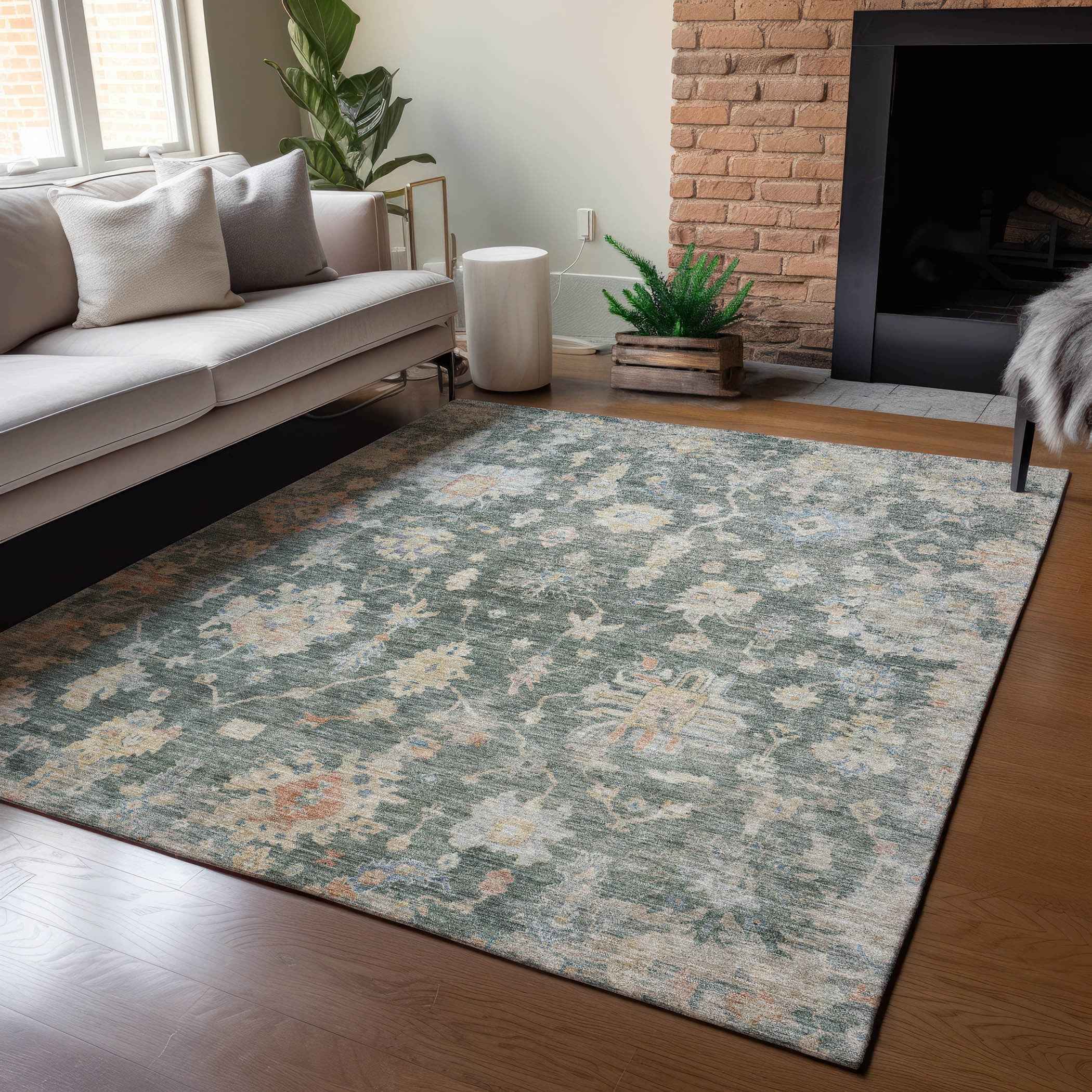 9' X 12' Artichoke Green Beige And Rust Floral Washable Indoor Outdoor Area Rug