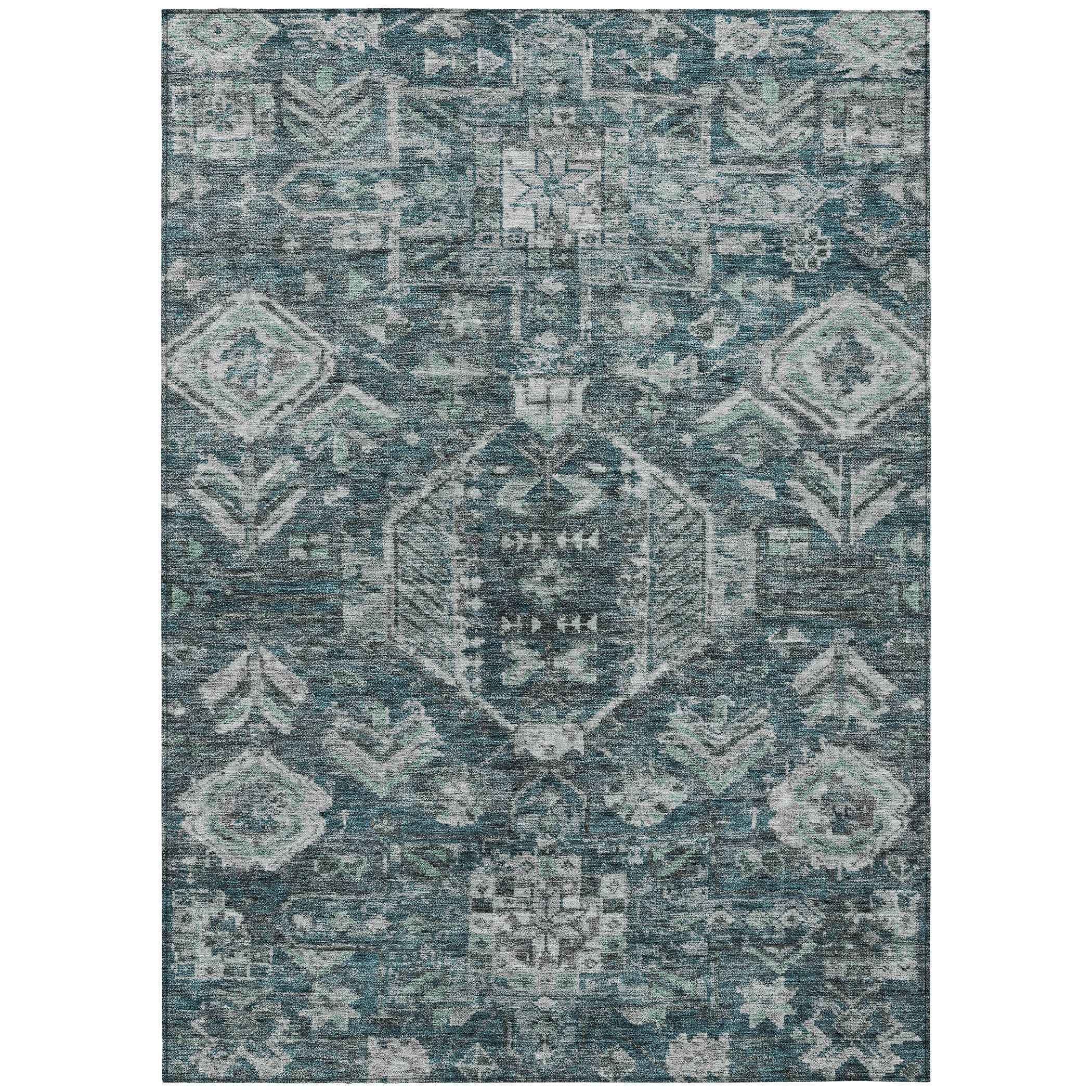 9' X 12' Teal Blue And Silver Medallion Washable Indoor Outdoor Area Rug