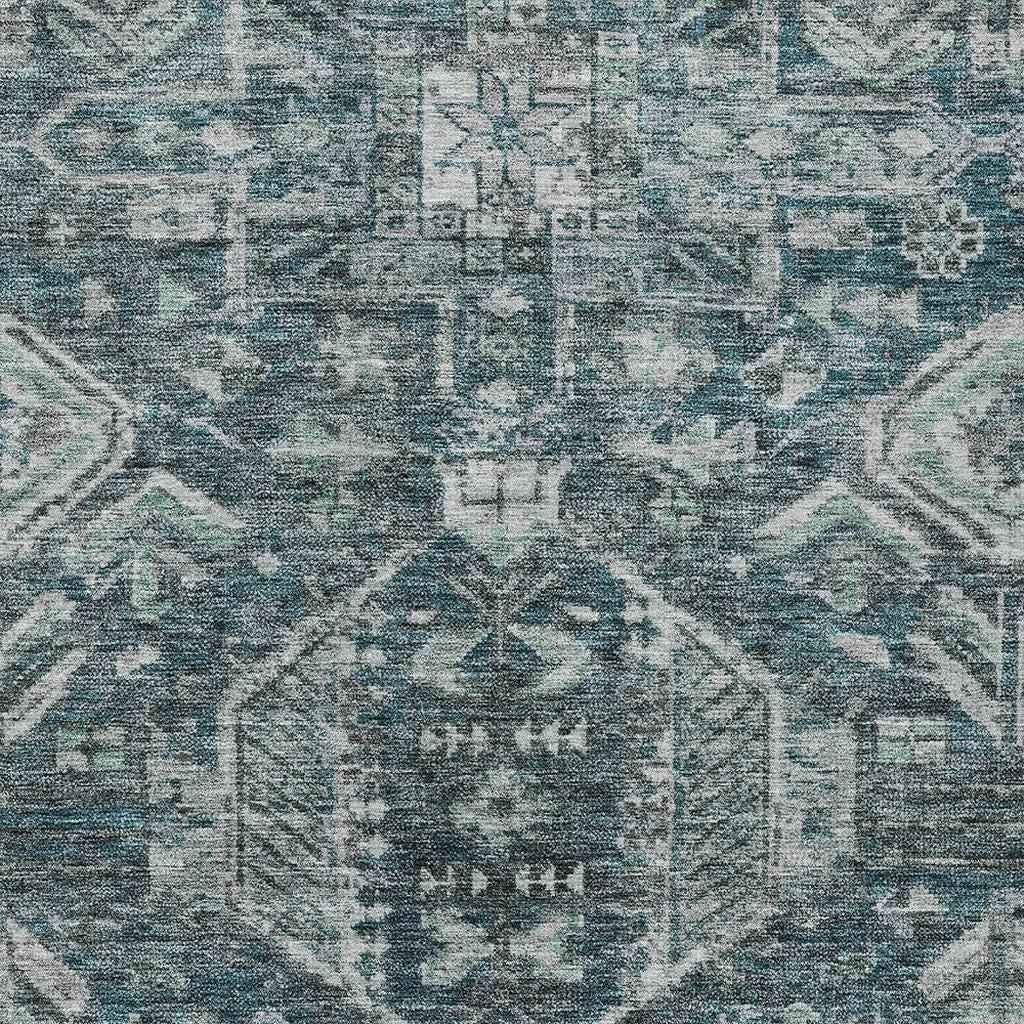 9' X 12' Teal Blue And Silver Medallion Washable Indoor Outdoor Area Rug