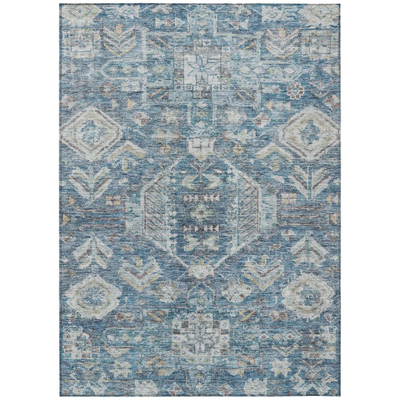 9' X 12' Denim Blue And Ivory Medallion Washable Indoor Outdoor Area Rug