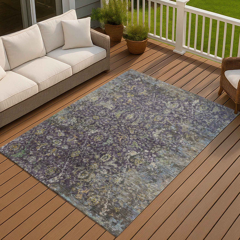 10' X 14' Plum And Gray Damask Washable Indoor Outdoor Area Rug
