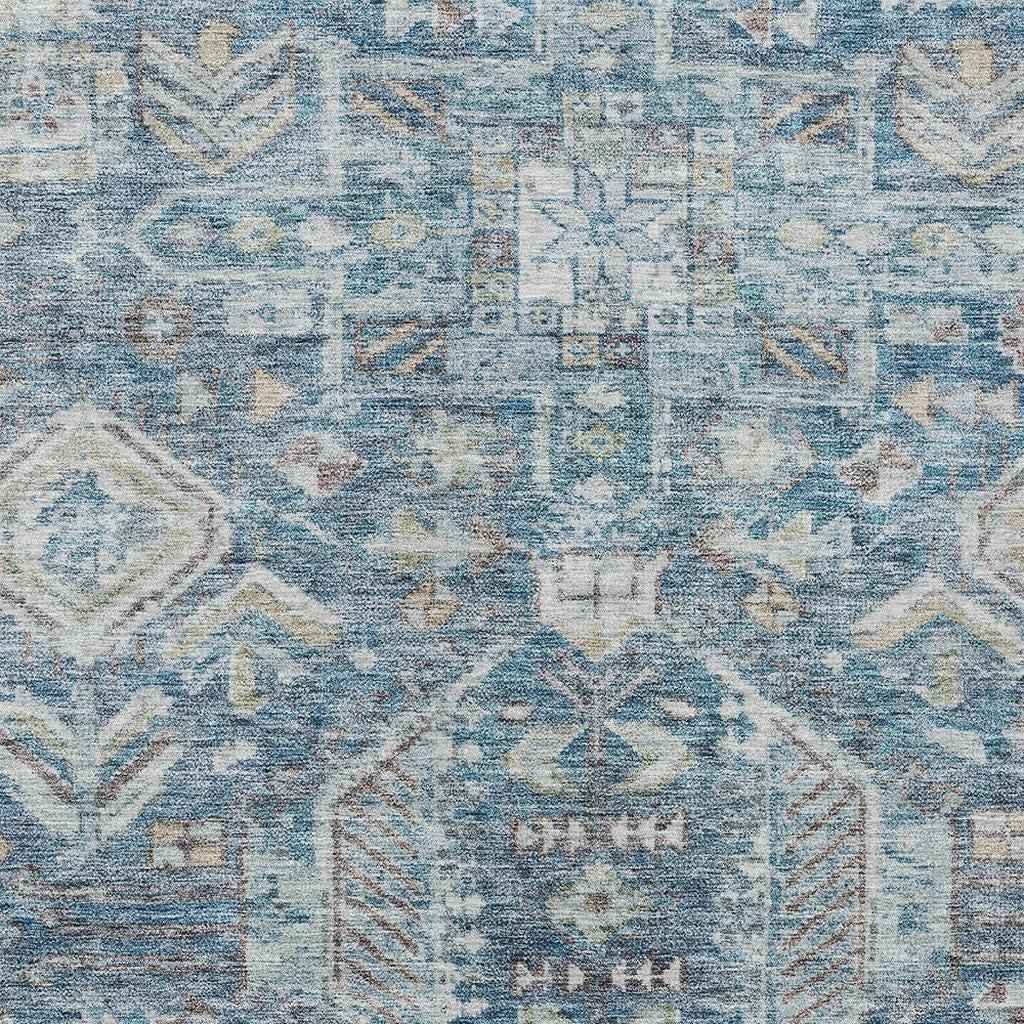 9' X 12' Denim Blue And Ivory Medallion Washable Indoor Outdoor Area Rug