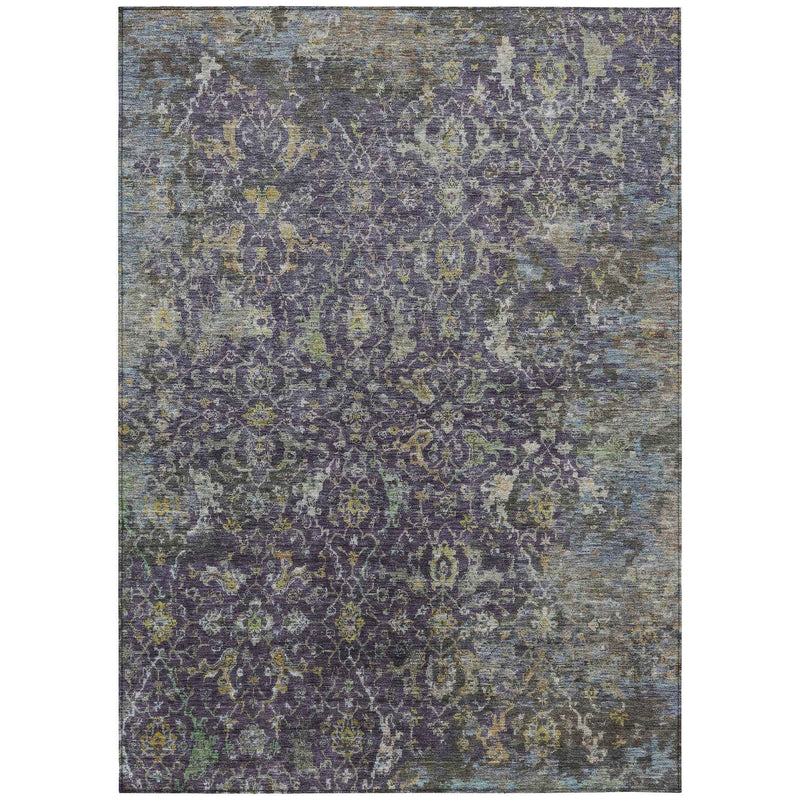 10' X 14' Plum And Gray Damask Washable Indoor Outdoor Area Rug