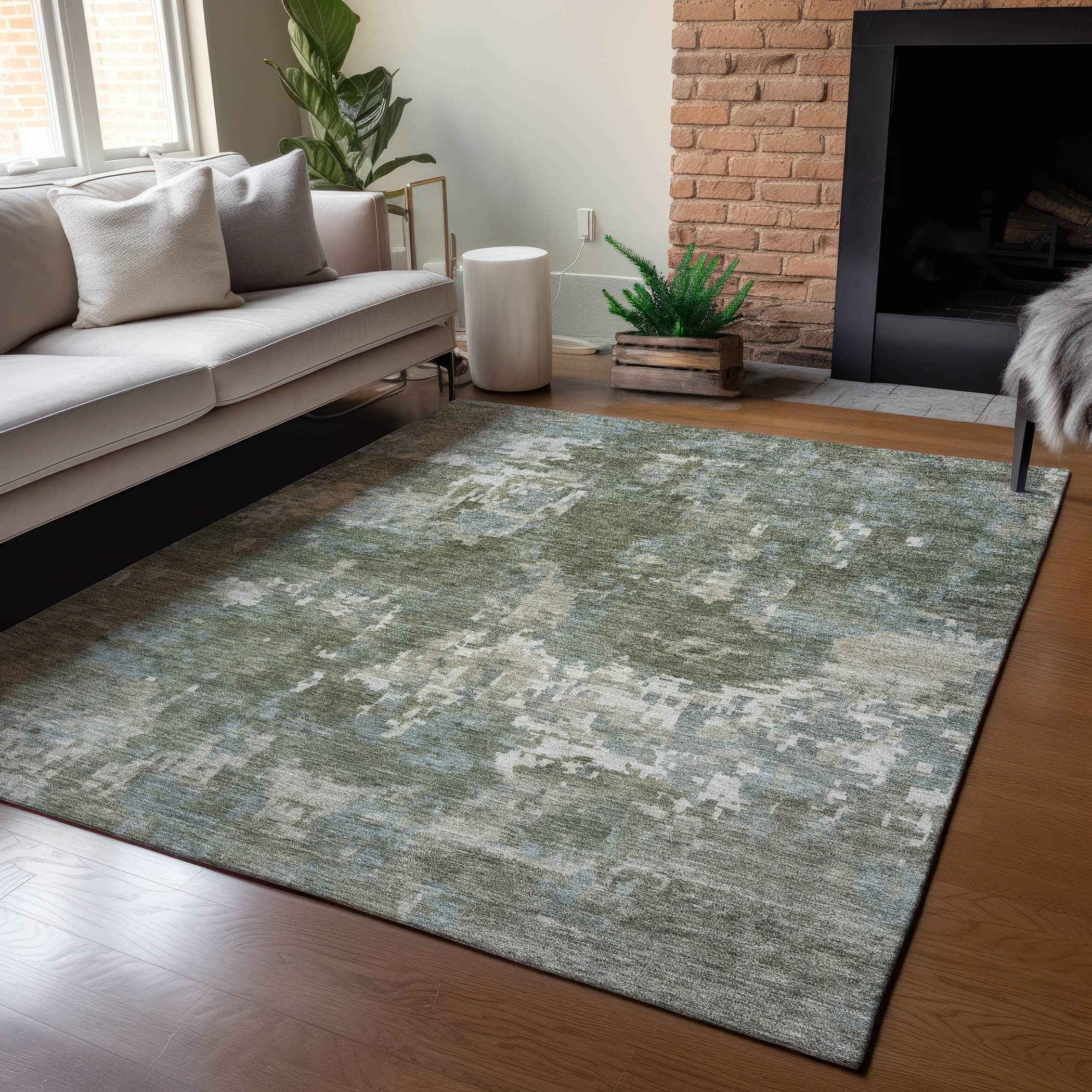 10' X 14' Fern Green And Beige Abstract Washable Indoor Outdoor Area Rug