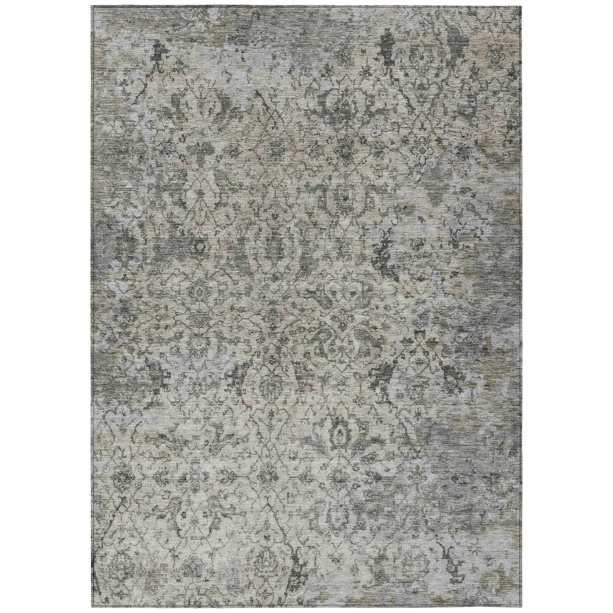 5' X 8' Beige And Gray Damask Washable Indoor Outdoor Area Rug