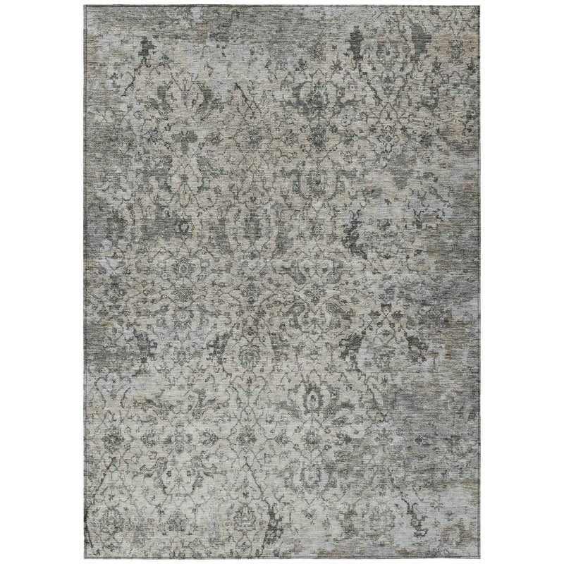 5' X 8' Beige And Gray Damask Washable Indoor Outdoor Area Rug