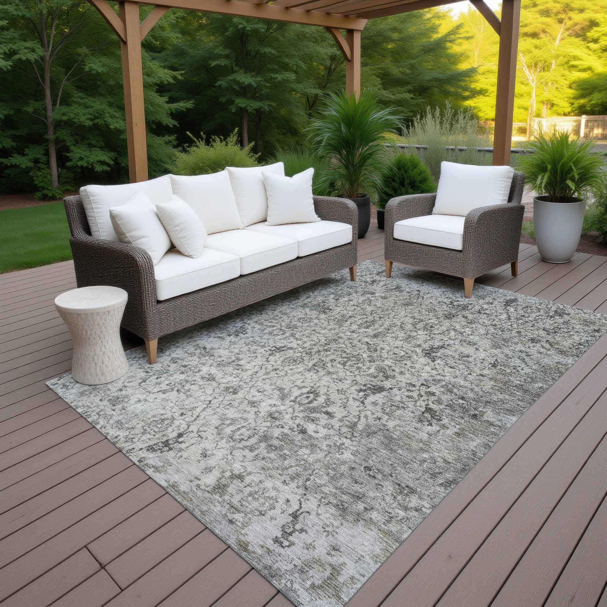 5' X 8' Beige And Gray Damask Washable Indoor Outdoor Area Rug