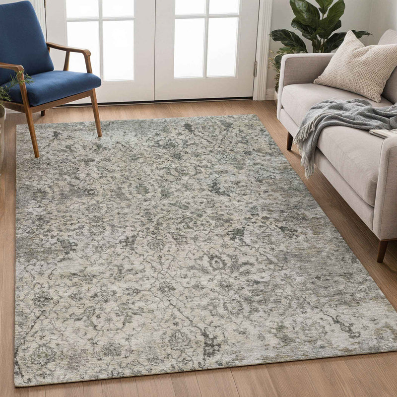5' X 8' Beige And Gray Damask Washable Indoor Outdoor Area Rug