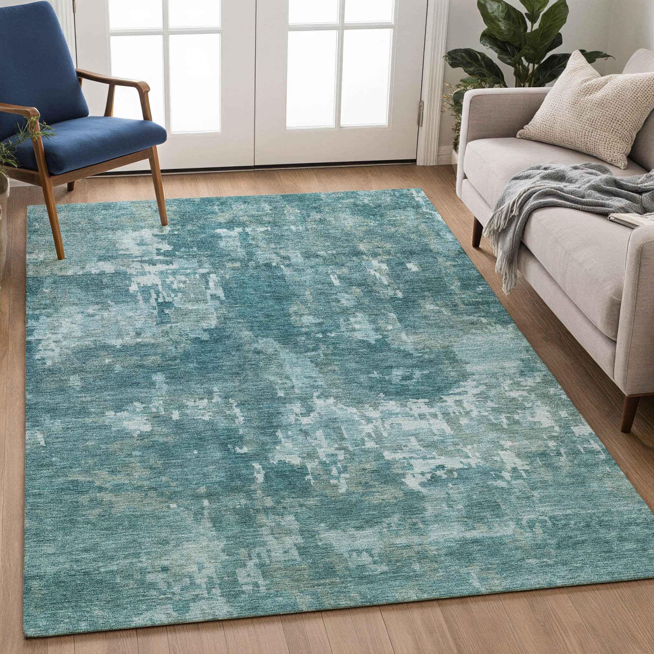 10' X 14' Teal Blue And Aqua Abstract Washable Indoor Outdoor Area Rug