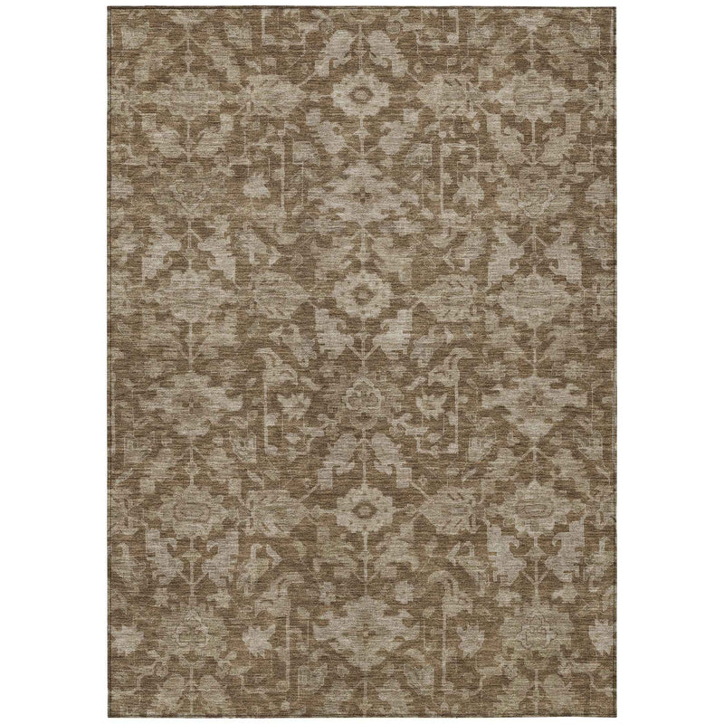5' X 8' Brown And Beige Floral Washable Indoor Outdoor Area Rug
