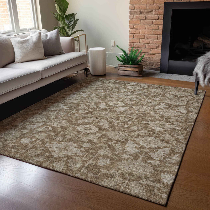5' X 8' Brown And Beige Floral Washable Indoor Outdoor Area Rug