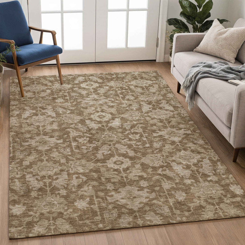 5' X 8' Brown And Beige Floral Washable Indoor Outdoor Area Rug