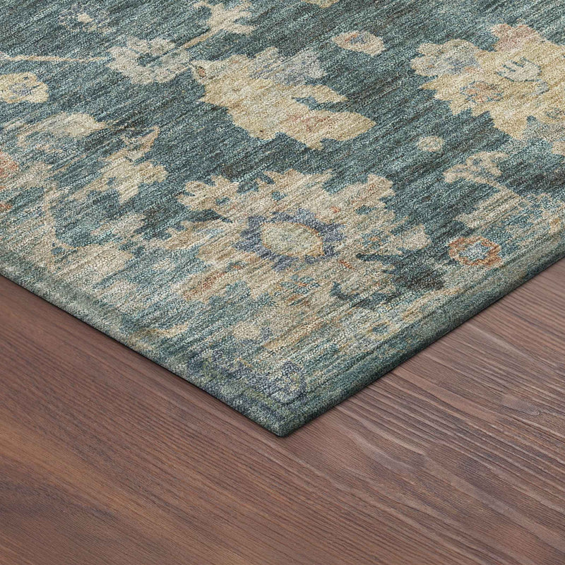 10' X 14' Teal Blue Beige And Gold Floral Washable Indoor Outdoor Area Rug