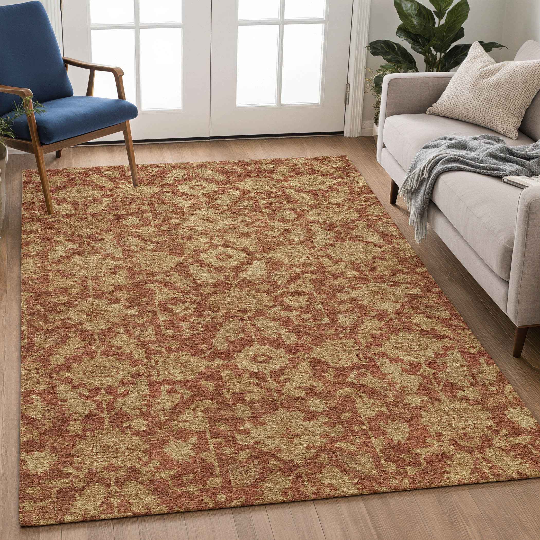 10' X 14' Rust And Beige Floral Washable Indoor Outdoor Area Rug