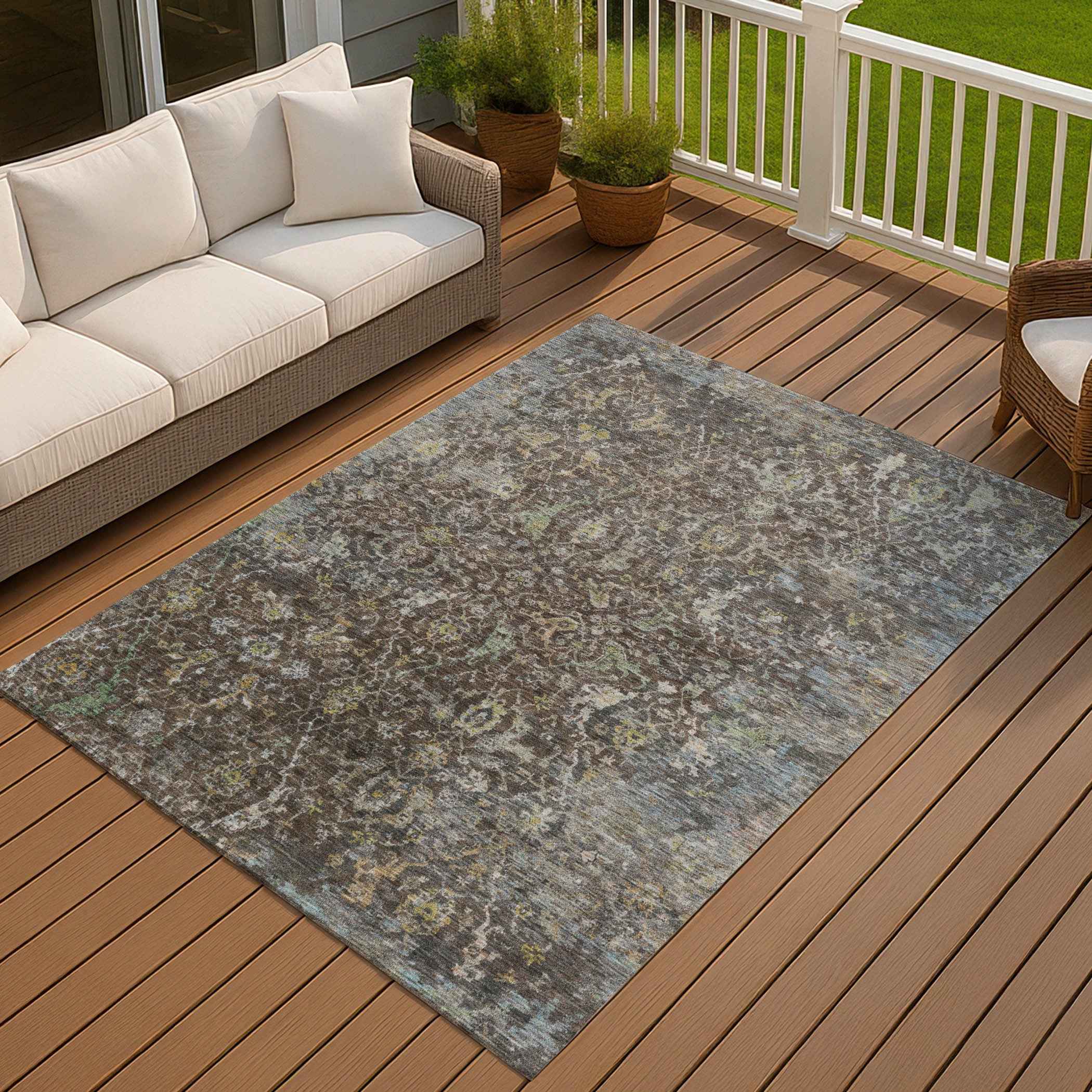 5' X 8' Chocolate And Gray Damask Washable Indoor Outdoor Area Rug