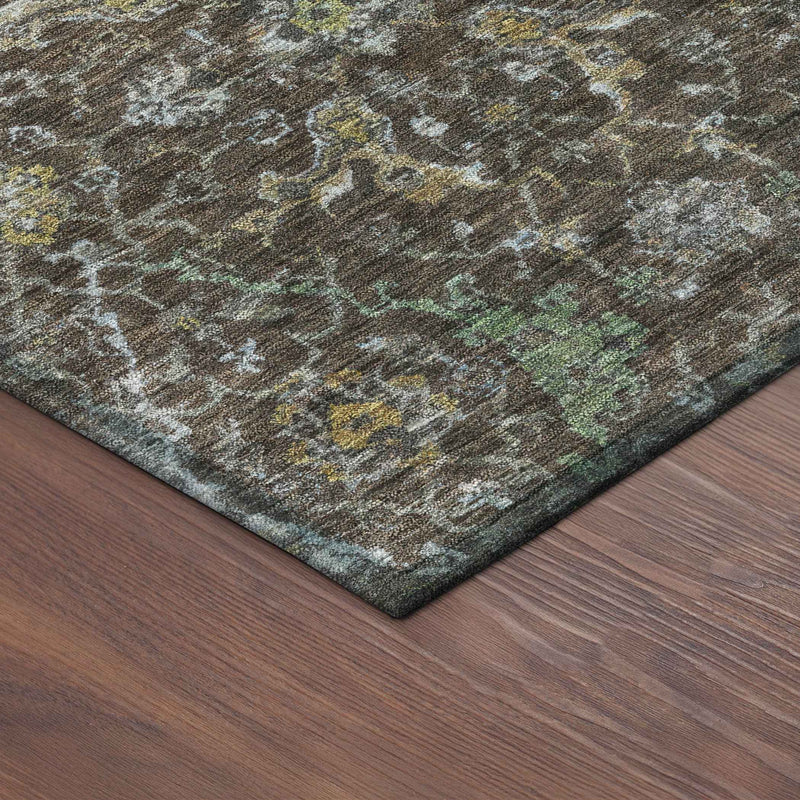 8' X 10' Chocolate And Gray Damask Washable Indoor Outdoor Area Rug