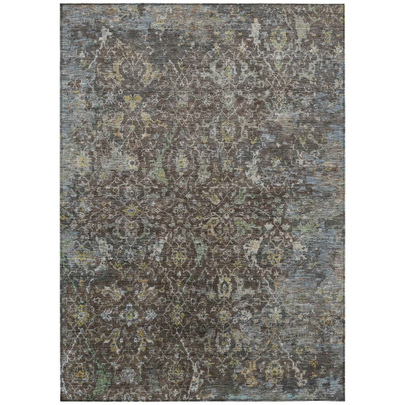 8' X 10' Chocolate And Gray Damask Washable Indoor Outdoor Area Rug