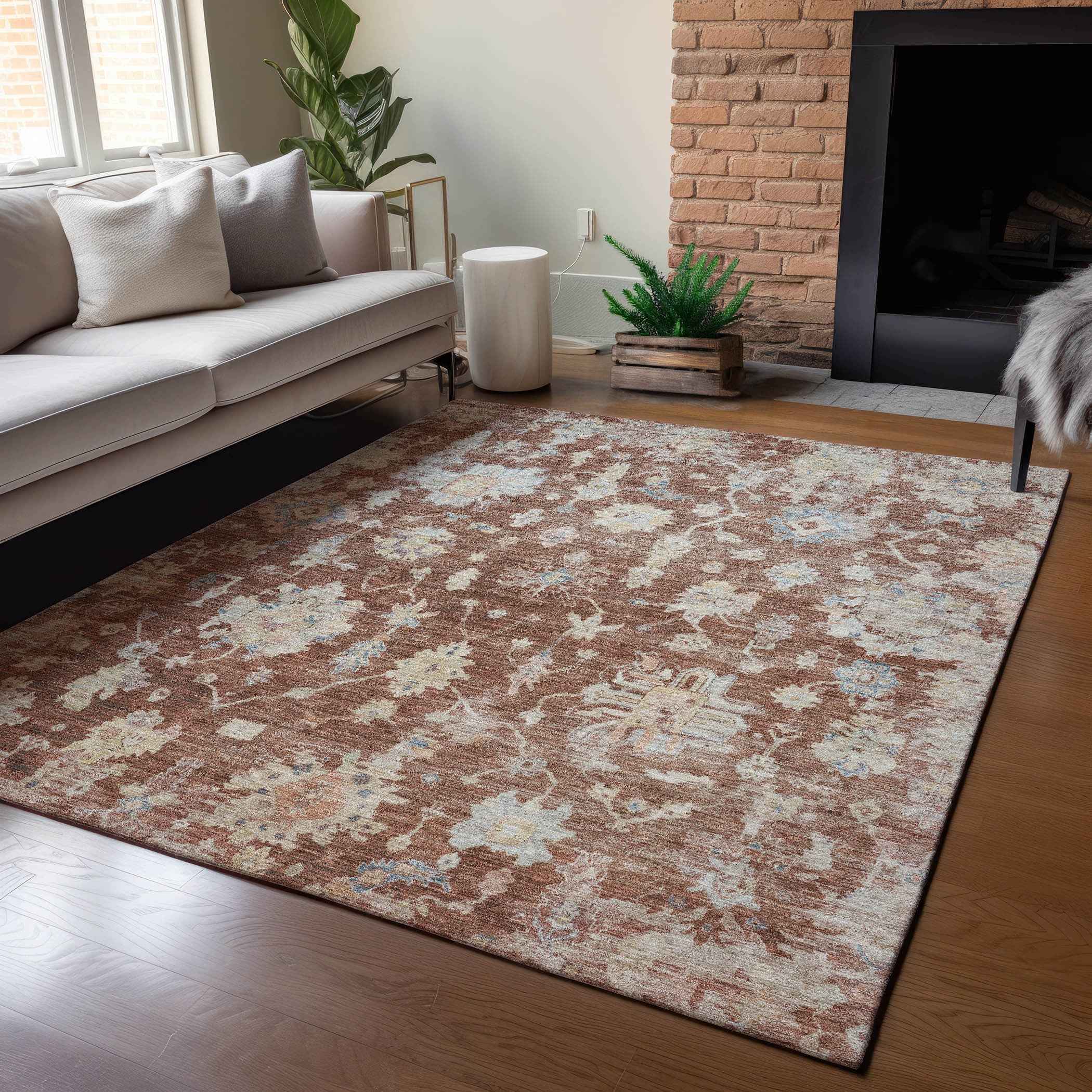 9' X 12' Rust Beige And Blue Floral Washable Indoor Outdoor Area Rug