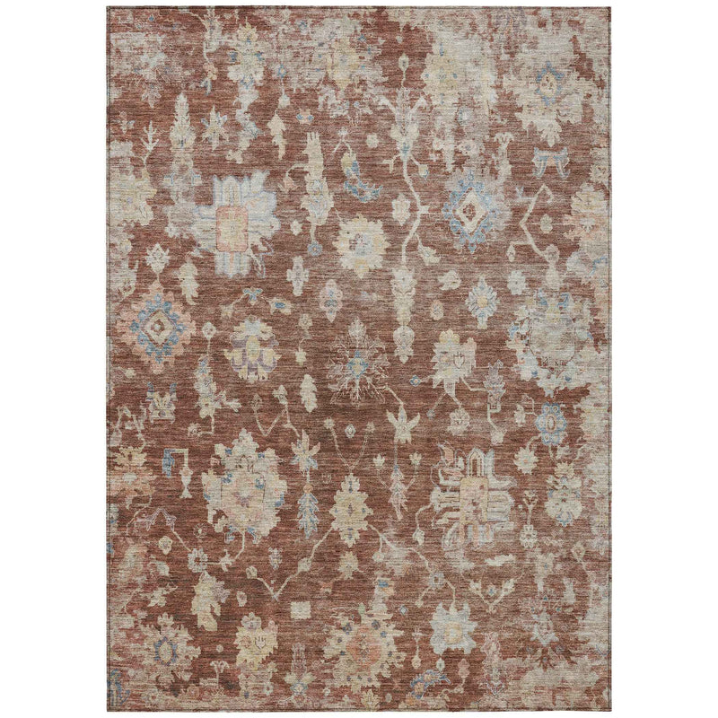 9' X 12' Rust Beige And Blue Floral Washable Indoor Outdoor Area Rug
