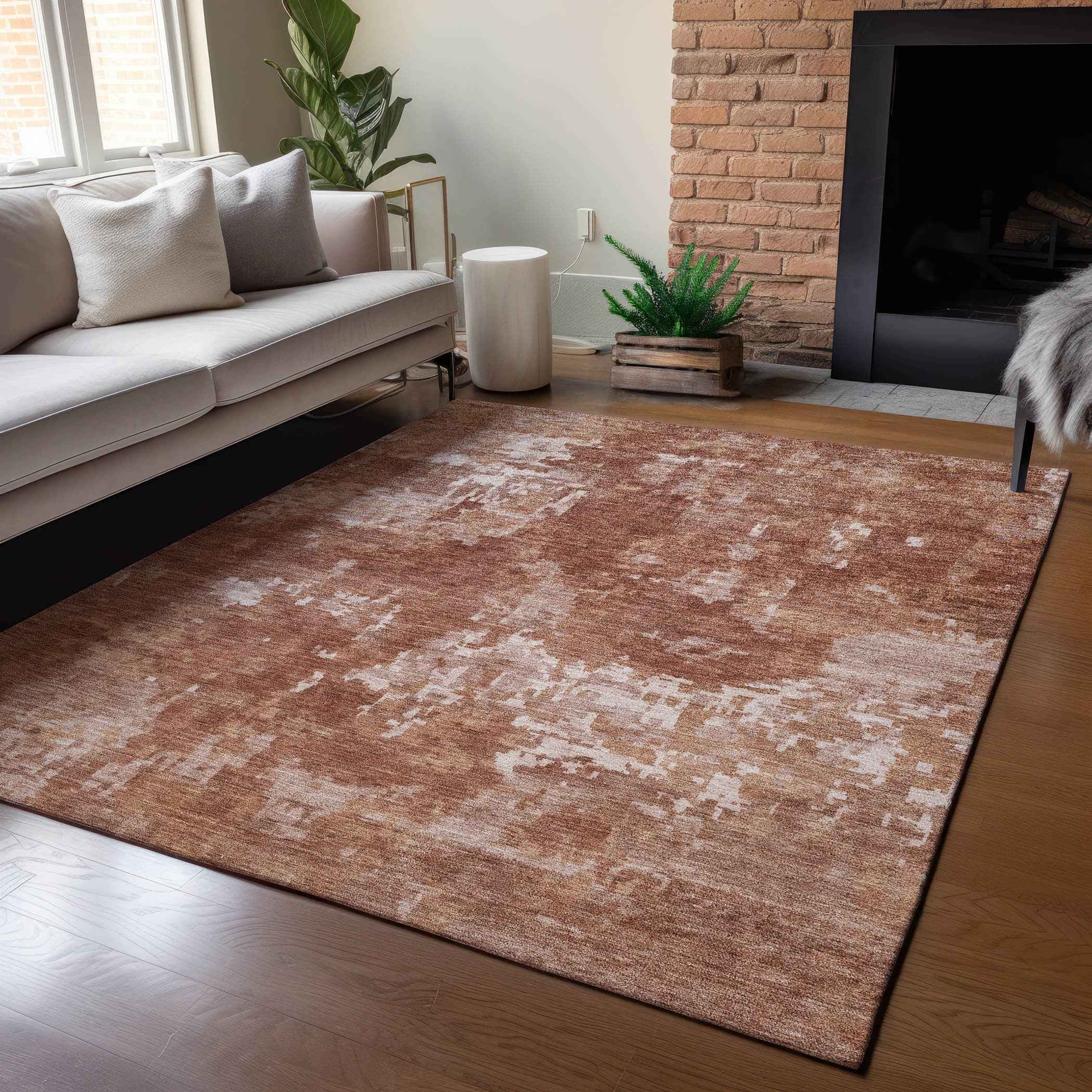 10' X 14' Copper And Ivory Abstract Washable Indoor Outdoor Area Rug
