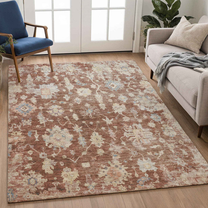 9' X 12' Rust Beige And Blue Floral Washable Indoor Outdoor Area Rug