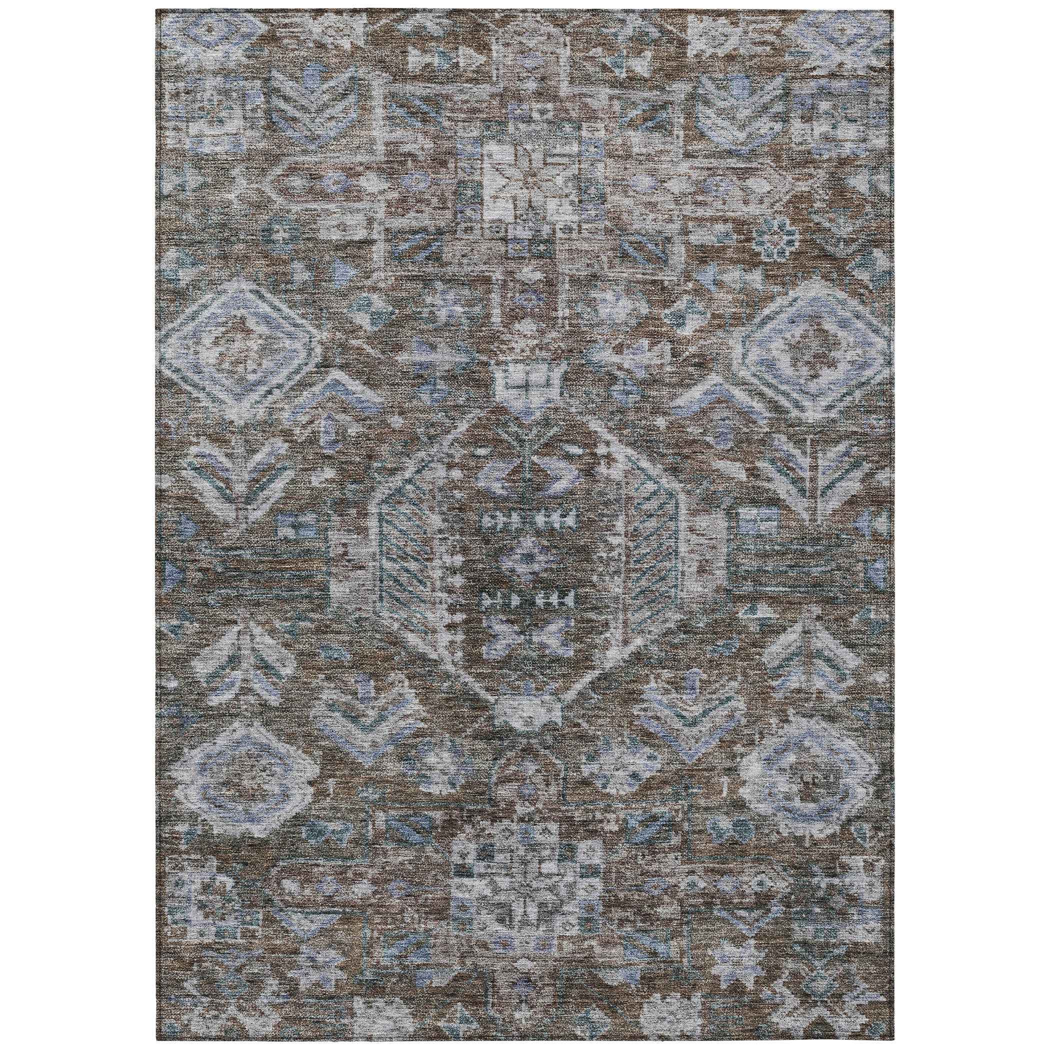 3' X 5' Chocolate And Denim Blue Medallion Washable Indoor Outdoor Area Rug