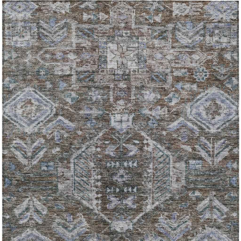 3' X 5' Chocolate And Denim Blue Medallion Washable Indoor Outdoor Area Rug