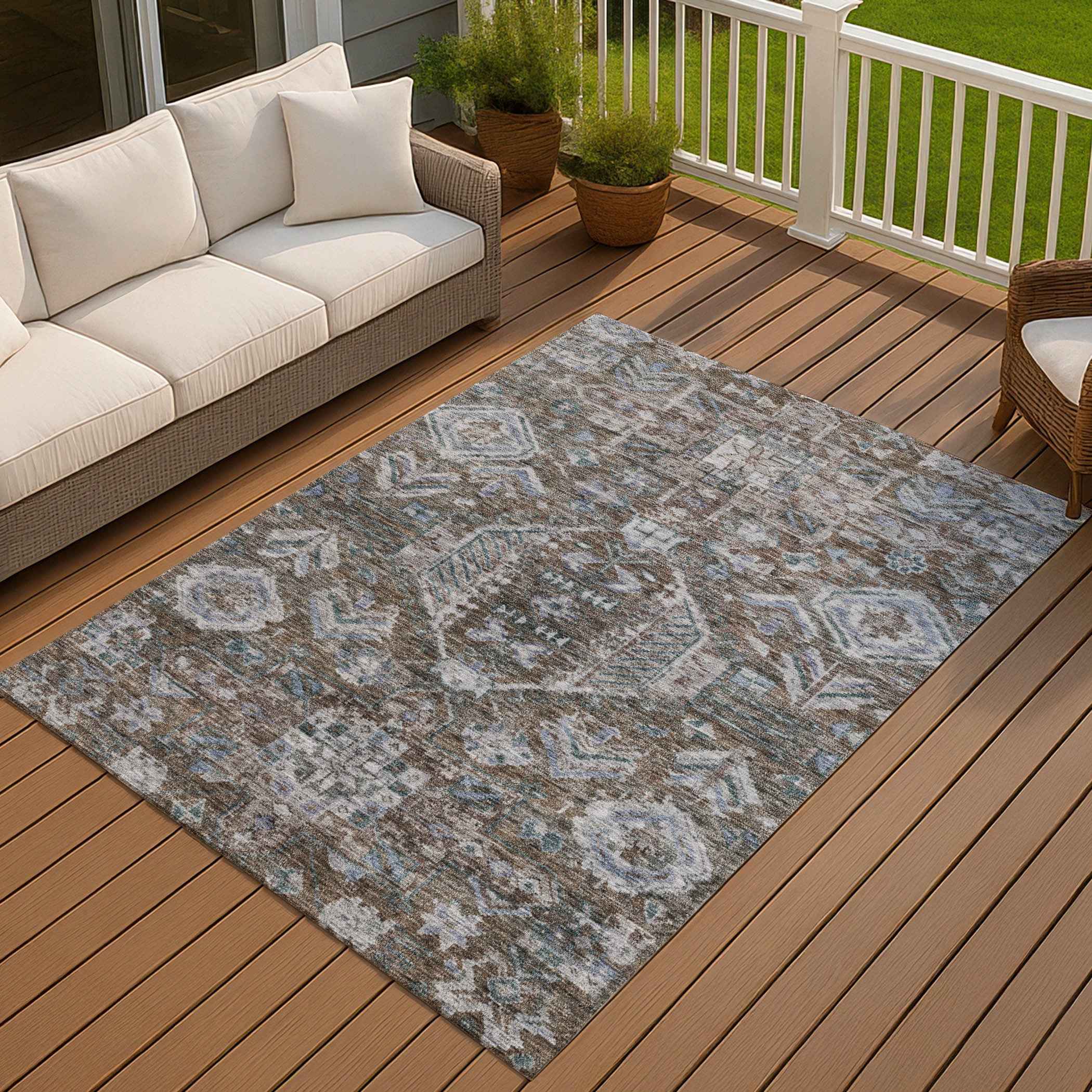 3' X 5' Chocolate And Denim Blue Medallion Washable Indoor Outdoor Area Rug