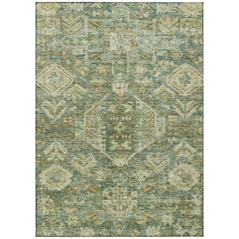3' X 5' Fern Green And Gold Medallion Washable Indoor Outdoor Area Rug