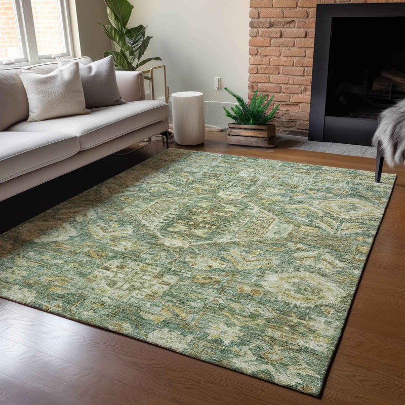 3' X 5' Fern Green And Gold Medallion Washable Indoor Outdoor Area Rug
