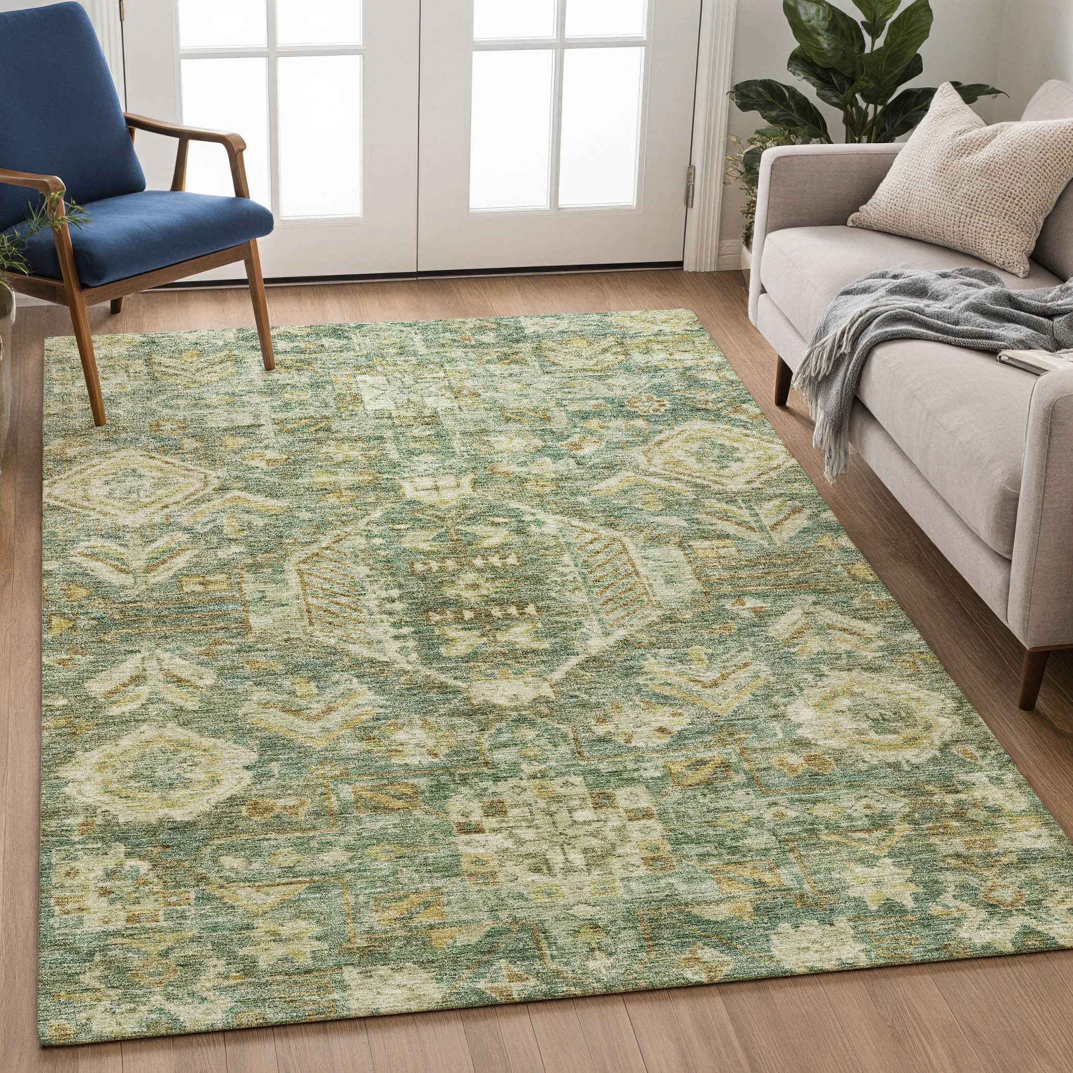 3' X 5' Fern Green And Gold Medallion Washable Indoor Outdoor Area Rug