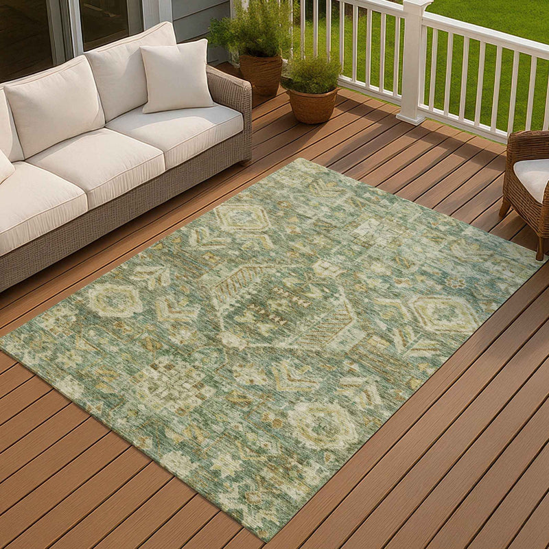 3' X 5' Fern Green And Gold Medallion Washable Indoor Outdoor Area Rug