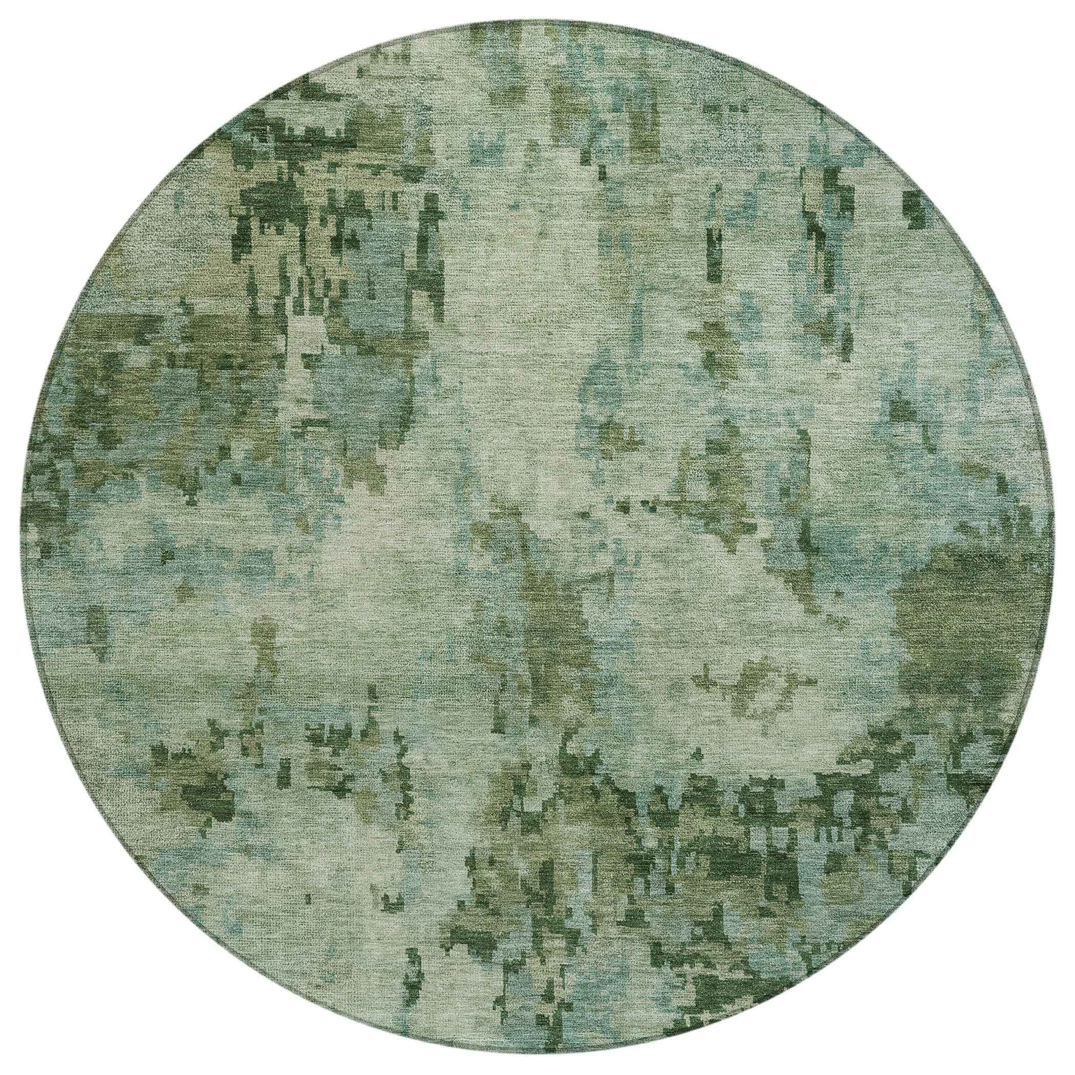 8' Sage And Teal Blue Round Abstract Washable Indoor Outdoor Area Rug