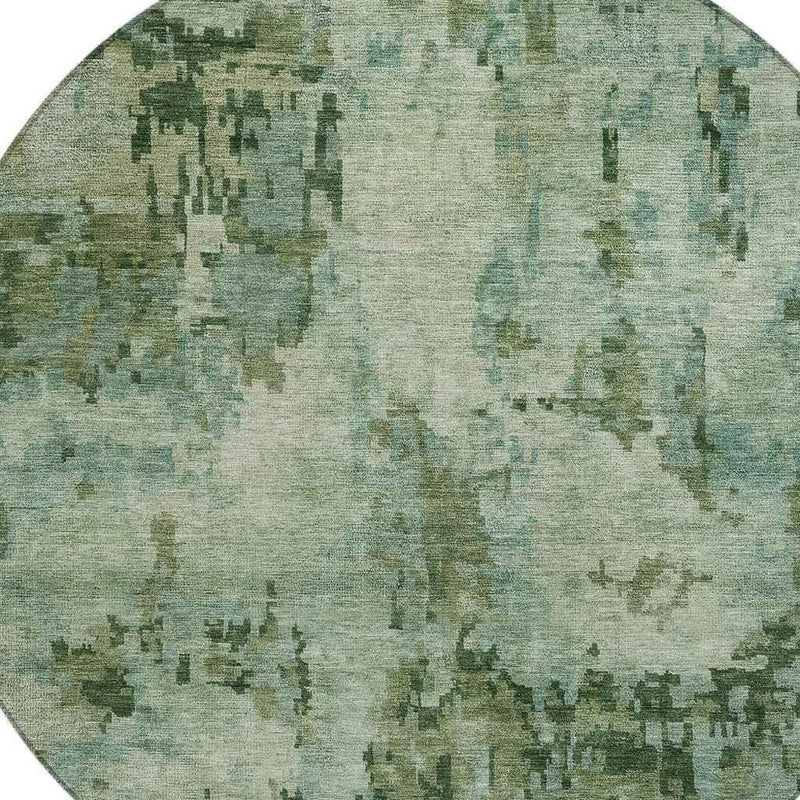 8' Sage And Teal Blue Round Abstract Washable Indoor Outdoor Area Rug