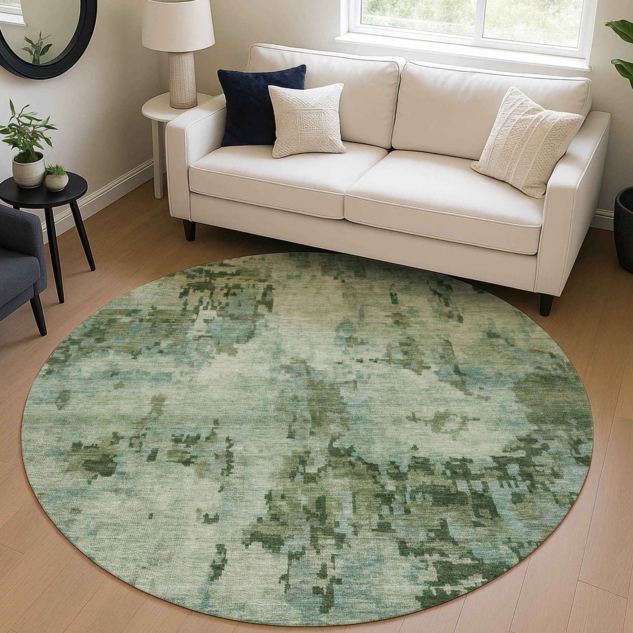 8' Sage And Teal Blue Round Abstract Washable Indoor Outdoor Area Rug