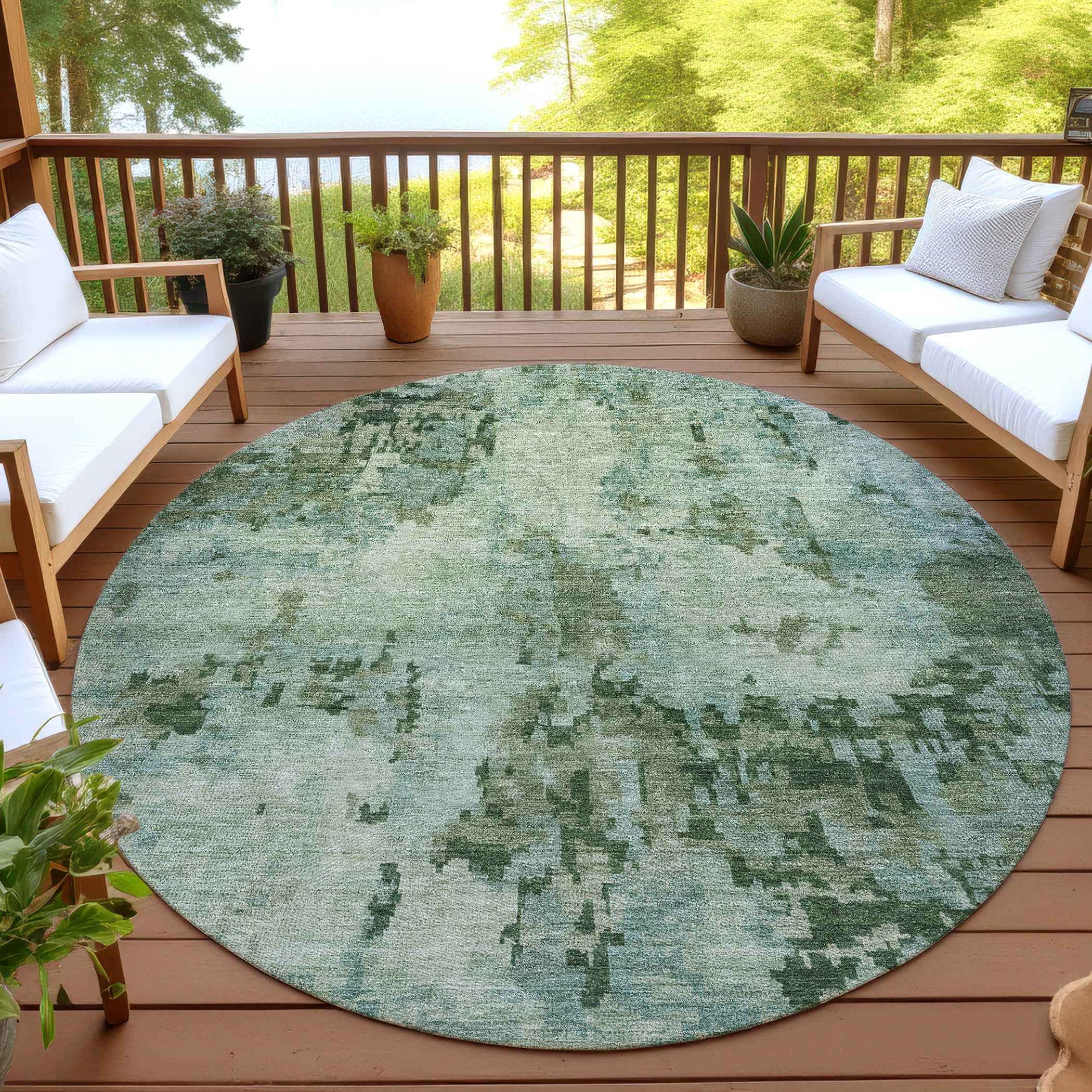 8' Sage And Teal Blue Round Abstract Washable Indoor Outdoor Area Rug
