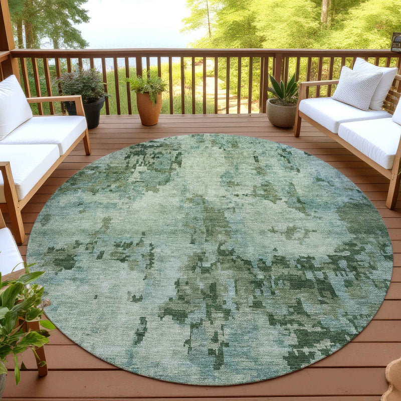 8' Sage And Teal Blue Round Abstract Washable Indoor Outdoor Area Rug