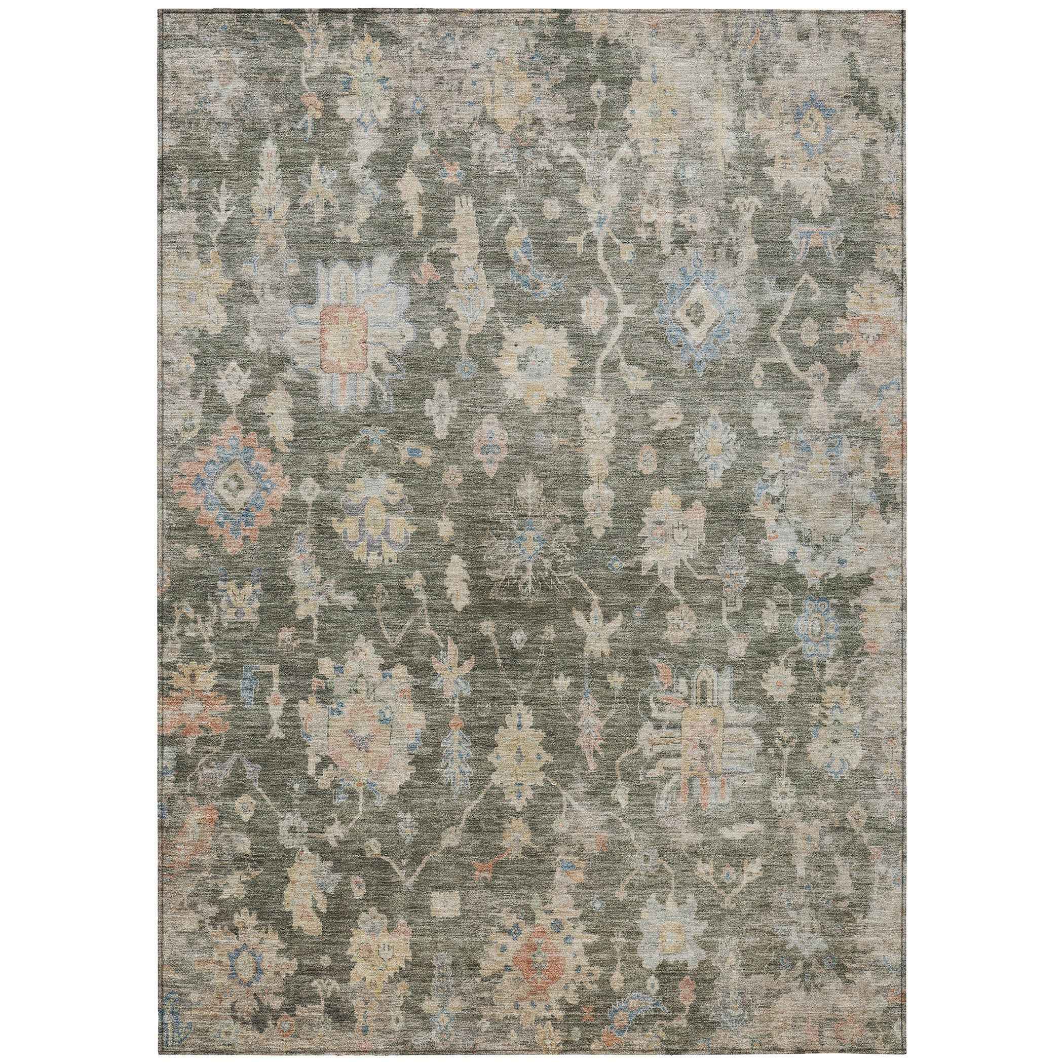 3' X 5' Fern Green Beige And Blue Floral Washable Indoor Outdoor Area Rug