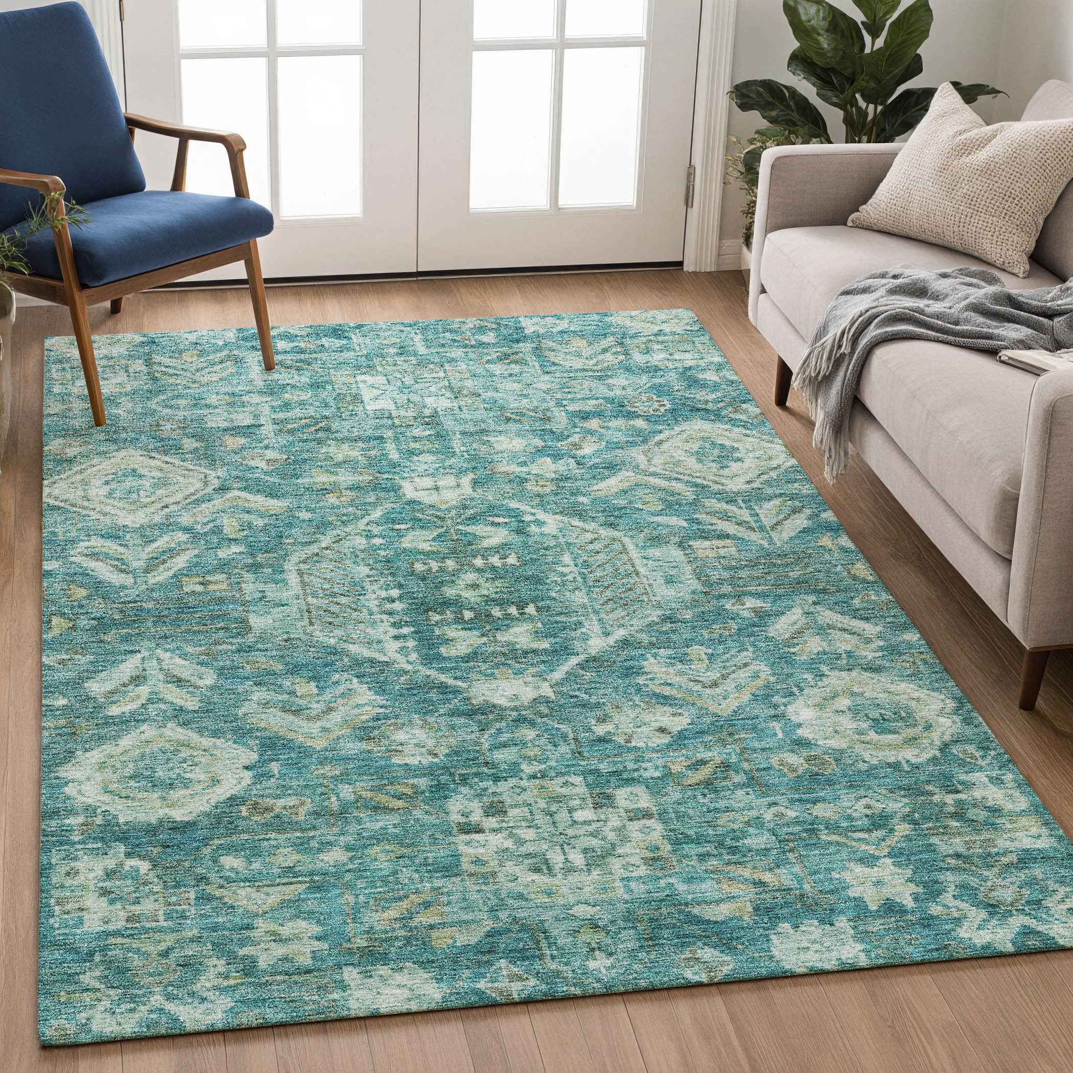 10' X 14' Turquoise And Teal Blue Medallion Washable Indoor Outdoor Area Rug