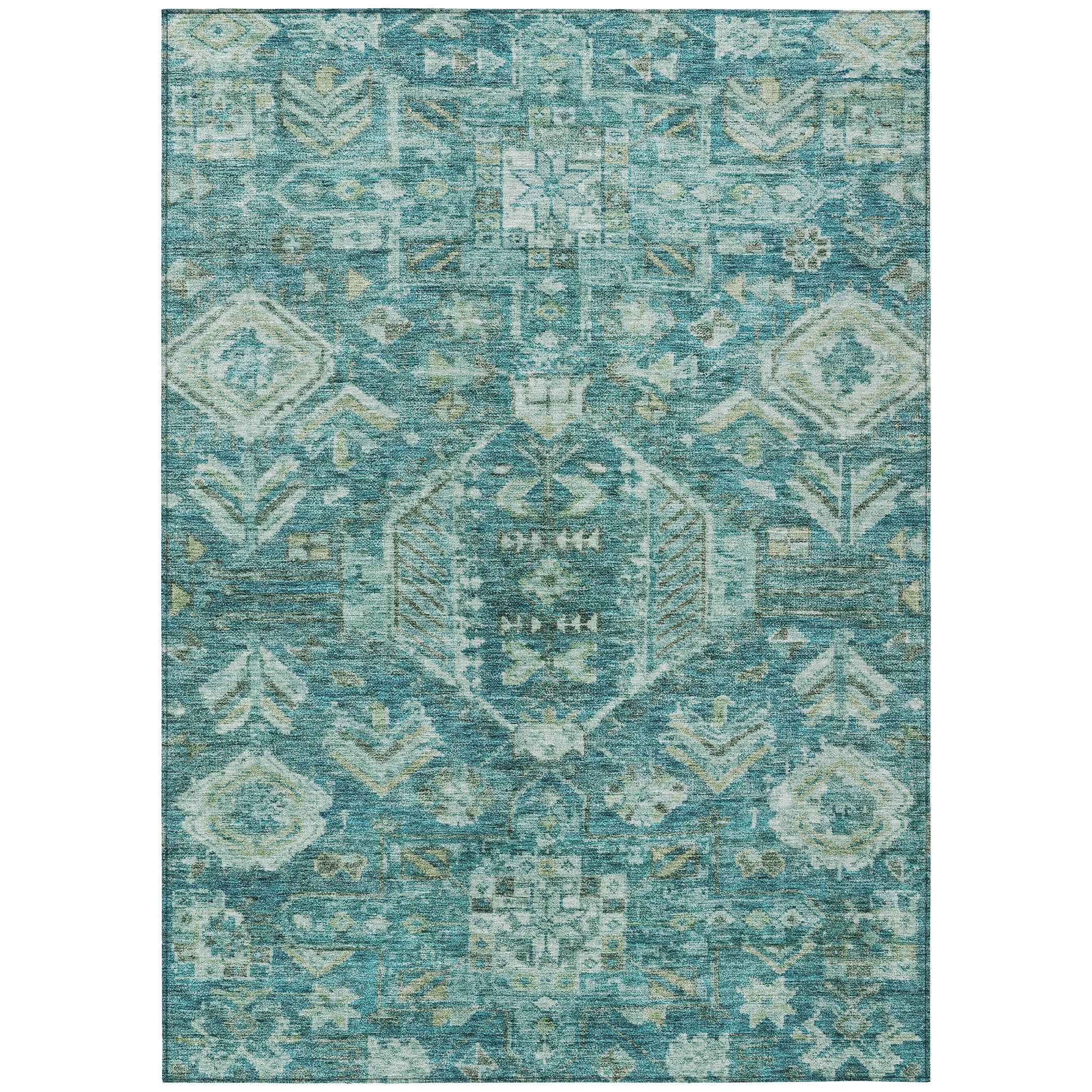 10' X 14' Turquoise And Teal Blue Medallion Washable Indoor Outdoor Area Rug