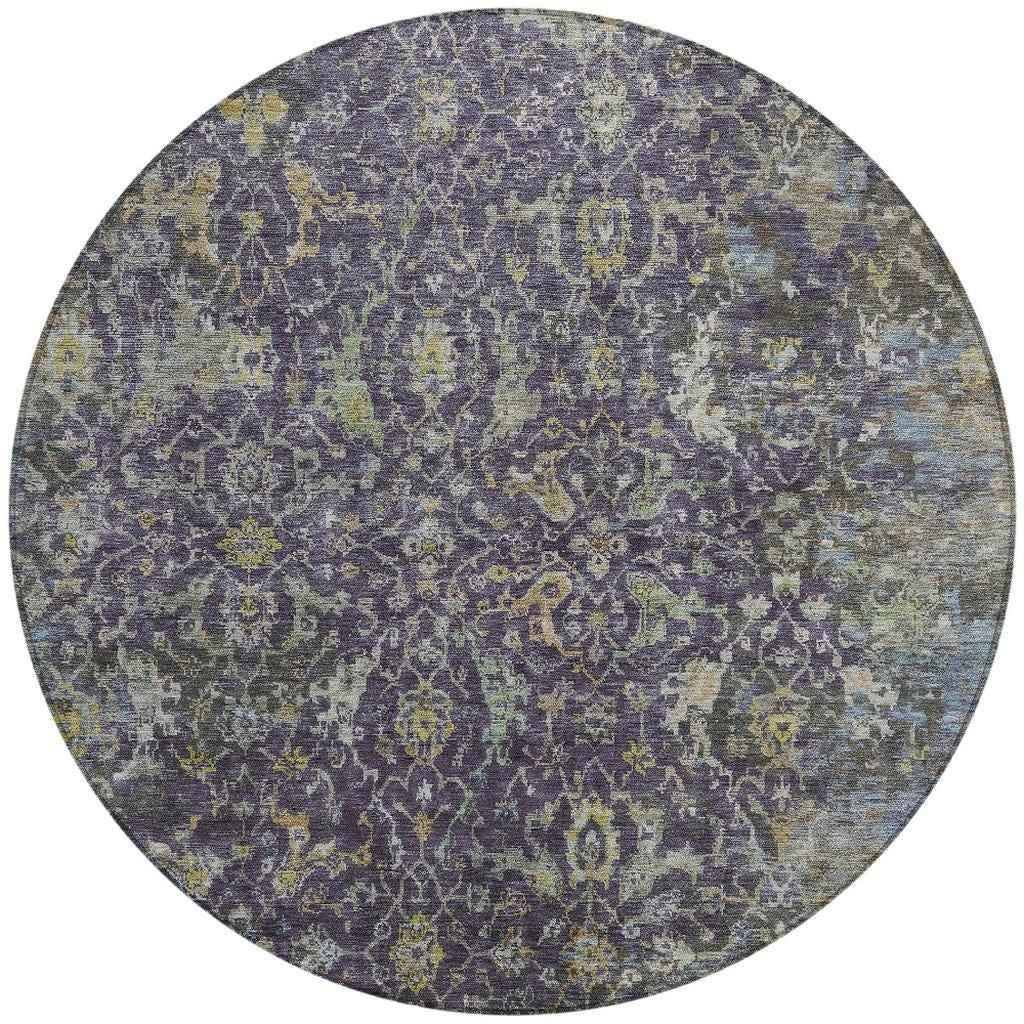 8' Plum And Gray Round Damask Washable Indoor Outdoor Area Rug