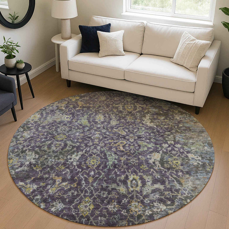 8' Plum And Gray Round Damask Washable Indoor Outdoor Area Rug