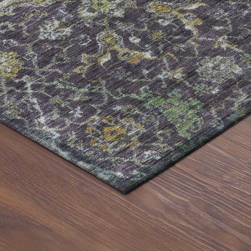 8' Plum And Gray Round Damask Washable Indoor Outdoor Area Rug