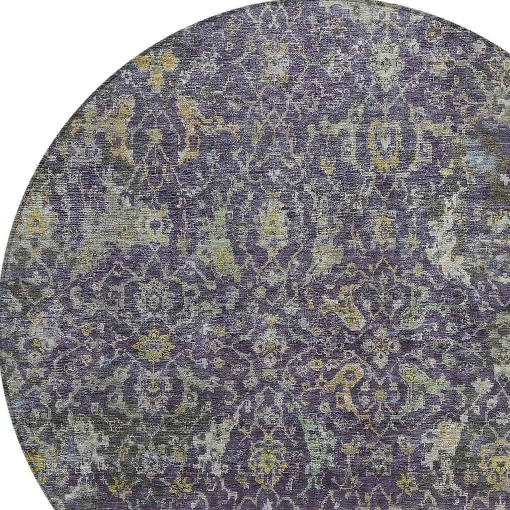 8' Plum And Gray Round Damask Washable Indoor Outdoor Area Rug