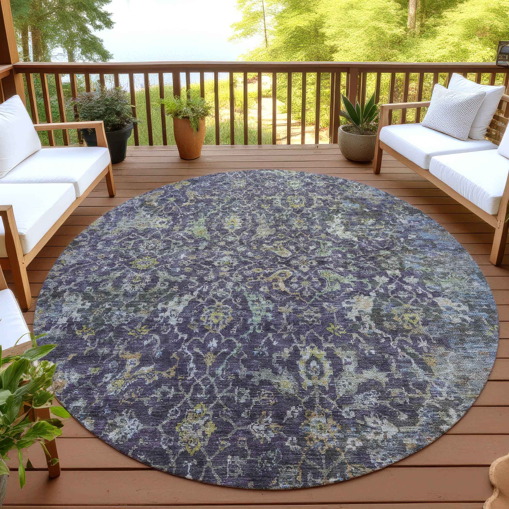 8' Plum And Gray Round Damask Washable Indoor Outdoor Area Rug