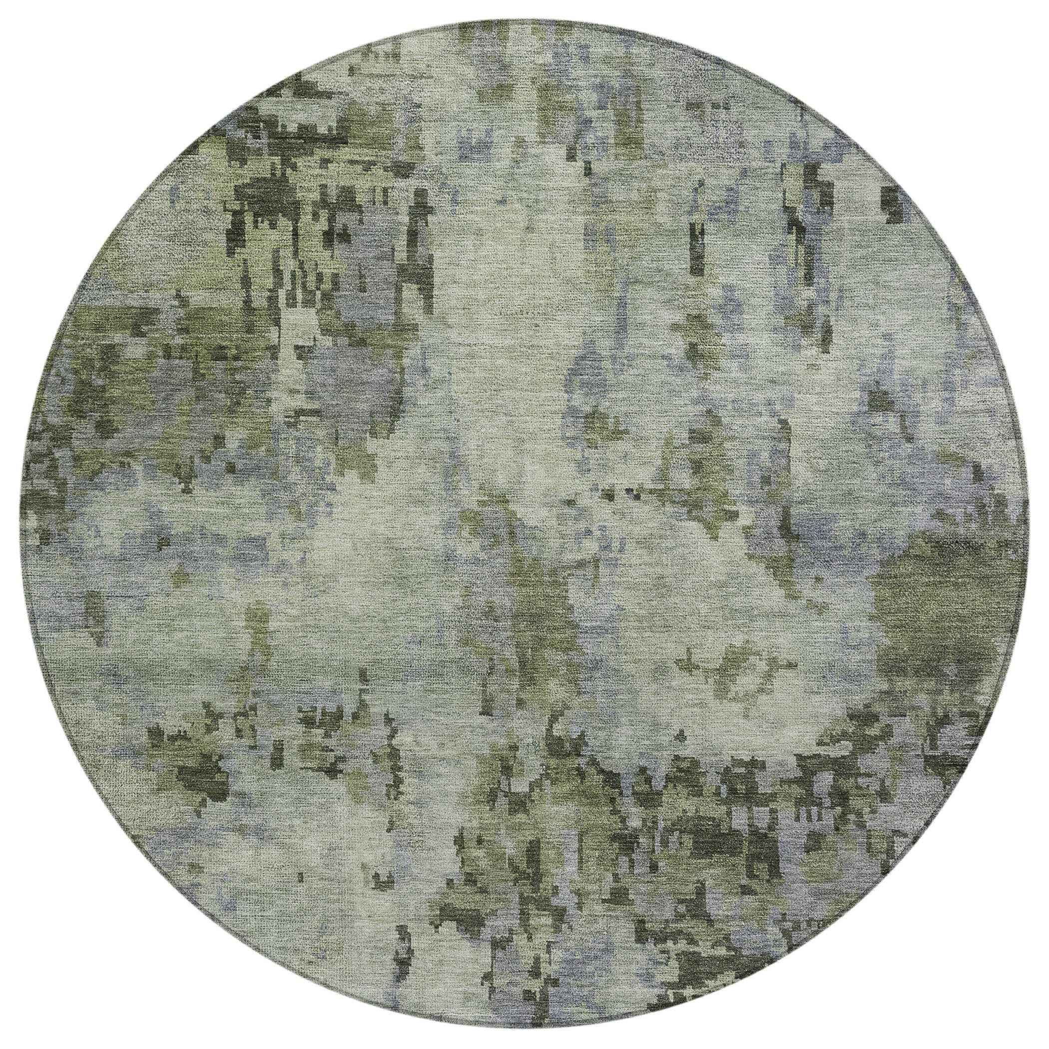 8' Green And Gray Round Abstract Washable Indoor Outdoor Area Rug