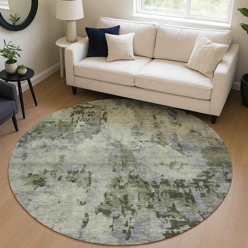 8' Green And Gray Round Abstract Washable Indoor Outdoor Area Rug
