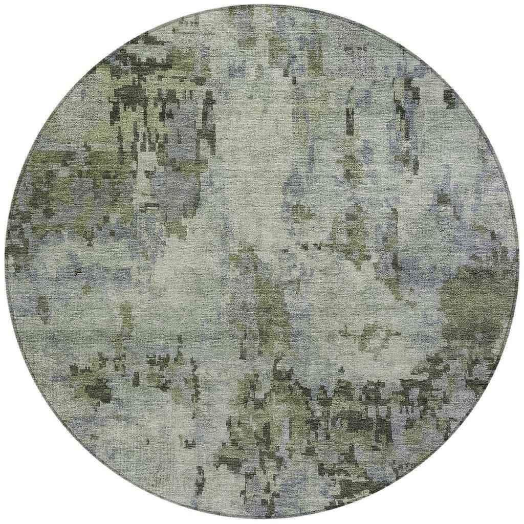 8' Green And Gray Round Abstract Washable Indoor Outdoor Area Rug